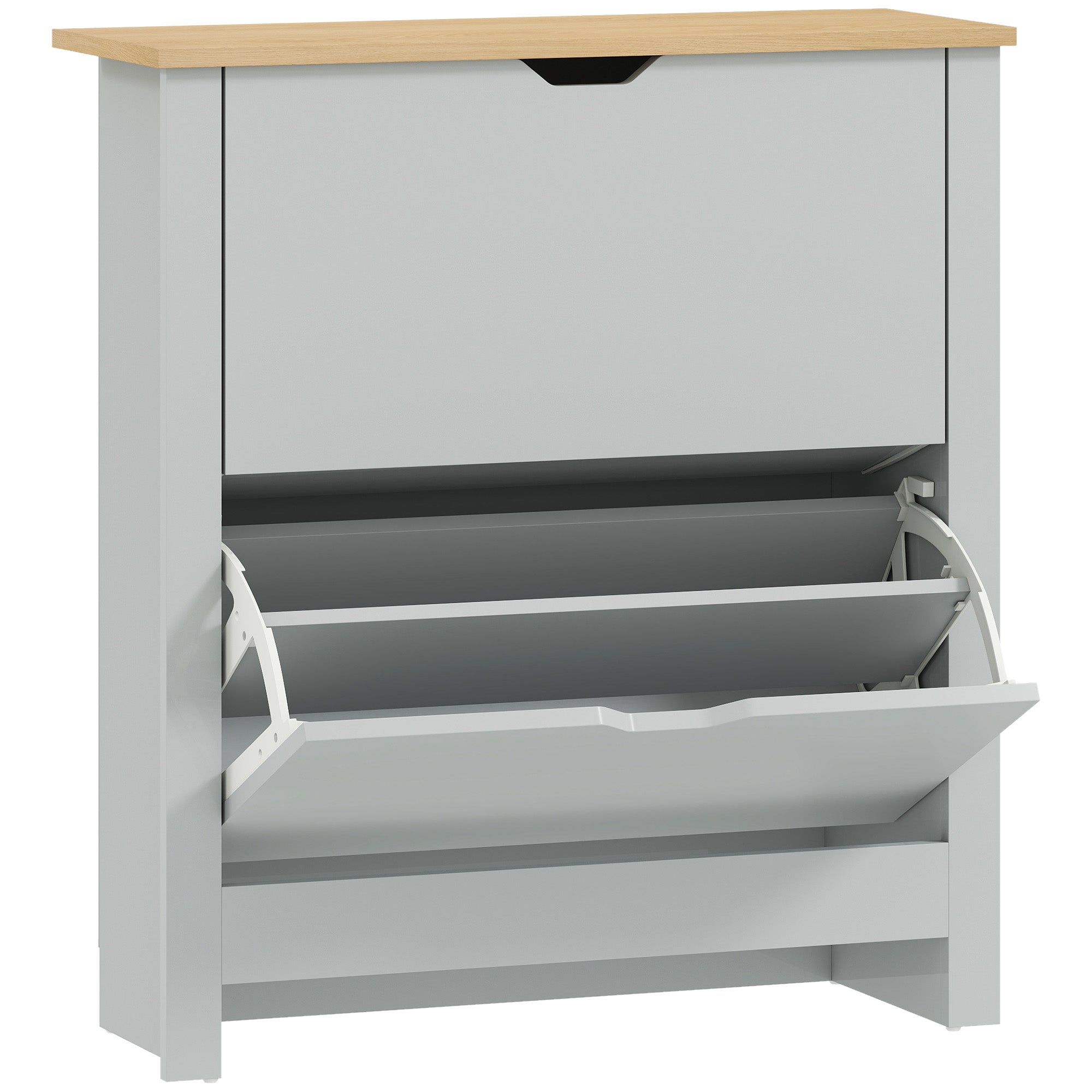 Gray HOMCOM slim shoe cabinet made of particle board with light wood top white metal hinges 72l x 26dcm storage