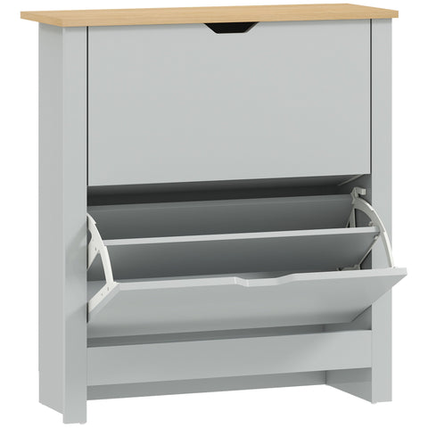 Gray HOMCOM slim shoe cabinet made of particle board with light wood top white metal hinges 72l x 26dcm storage