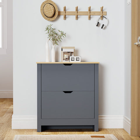 Gray HOMCOM shoe cabinet with 2 flip drawers and light wood top made of particle board 72l x 26dcm