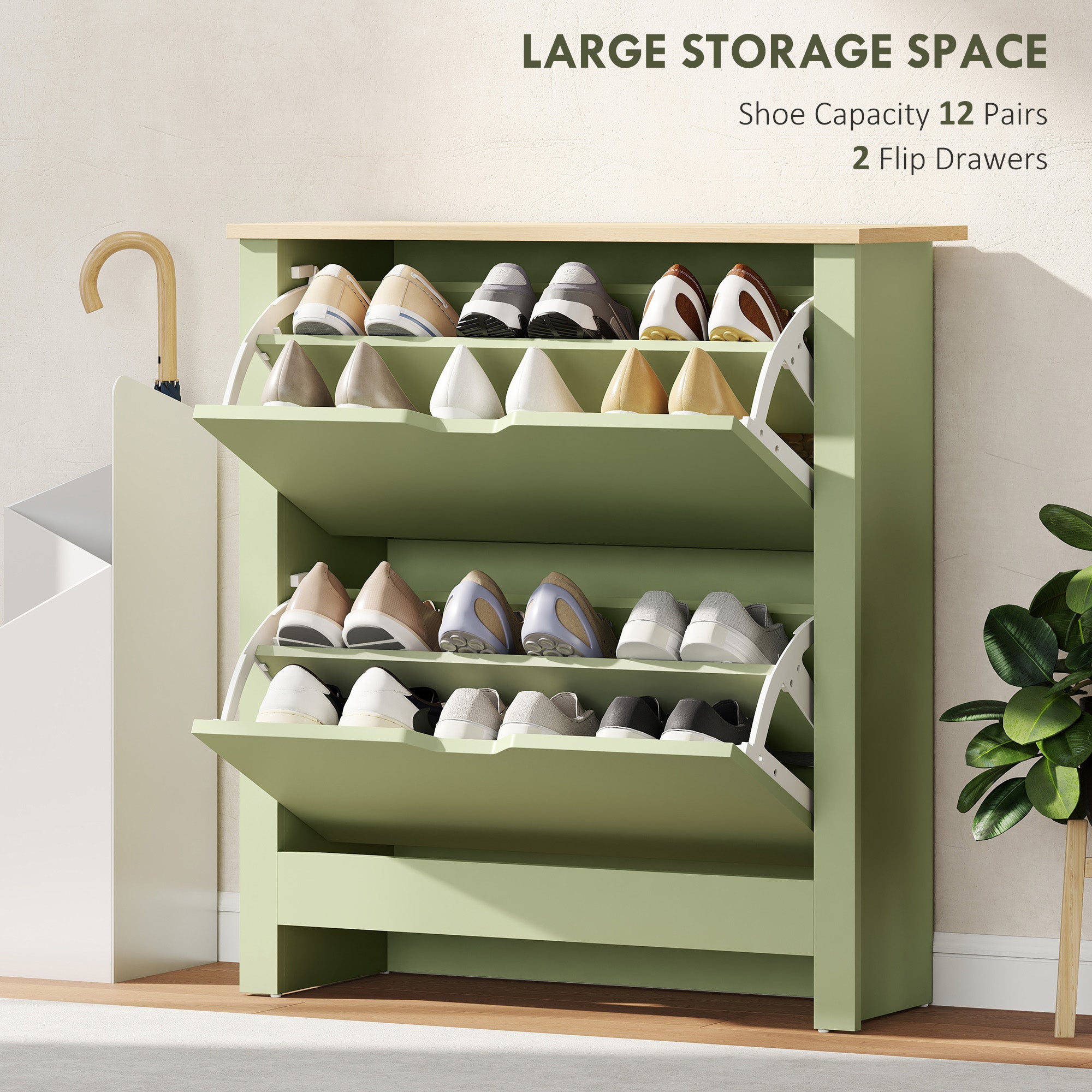 Light green particle board shoe cabinet with 2 flip drawers and adjustable shelves 72l x 26dcm holding shoes