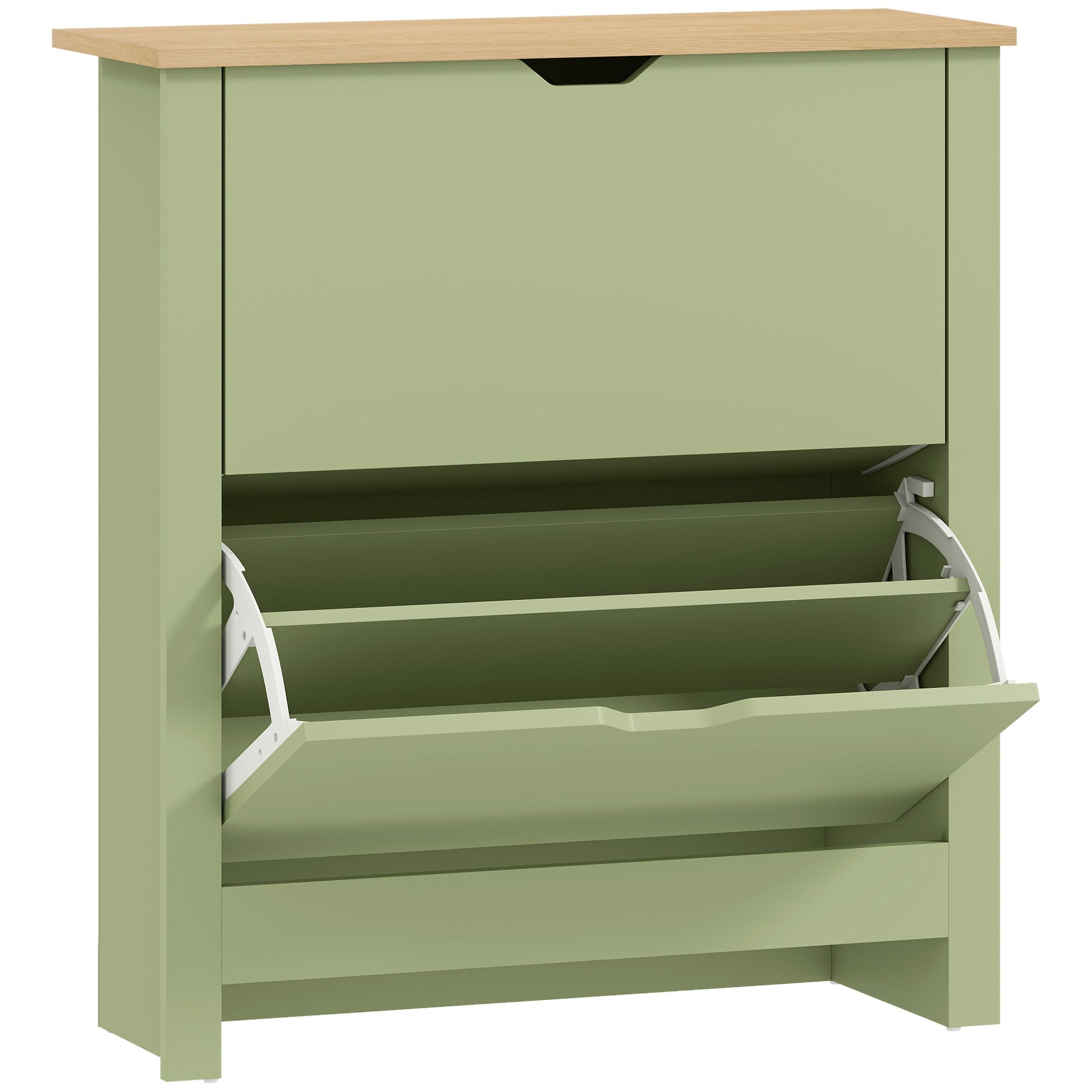 A sleek sage green homcom shoe cabinet with particle board, light wood top, white hinges, 72l x 26dcm with flip drawers