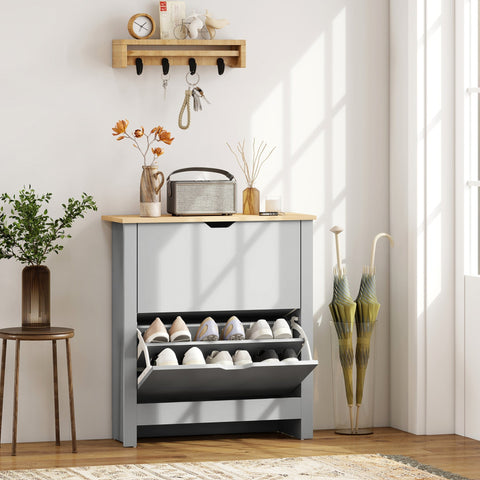 Gray two-tier shoe cabinet with wooden top and black particle board shelves for 12 pairs shoes light grey slim design