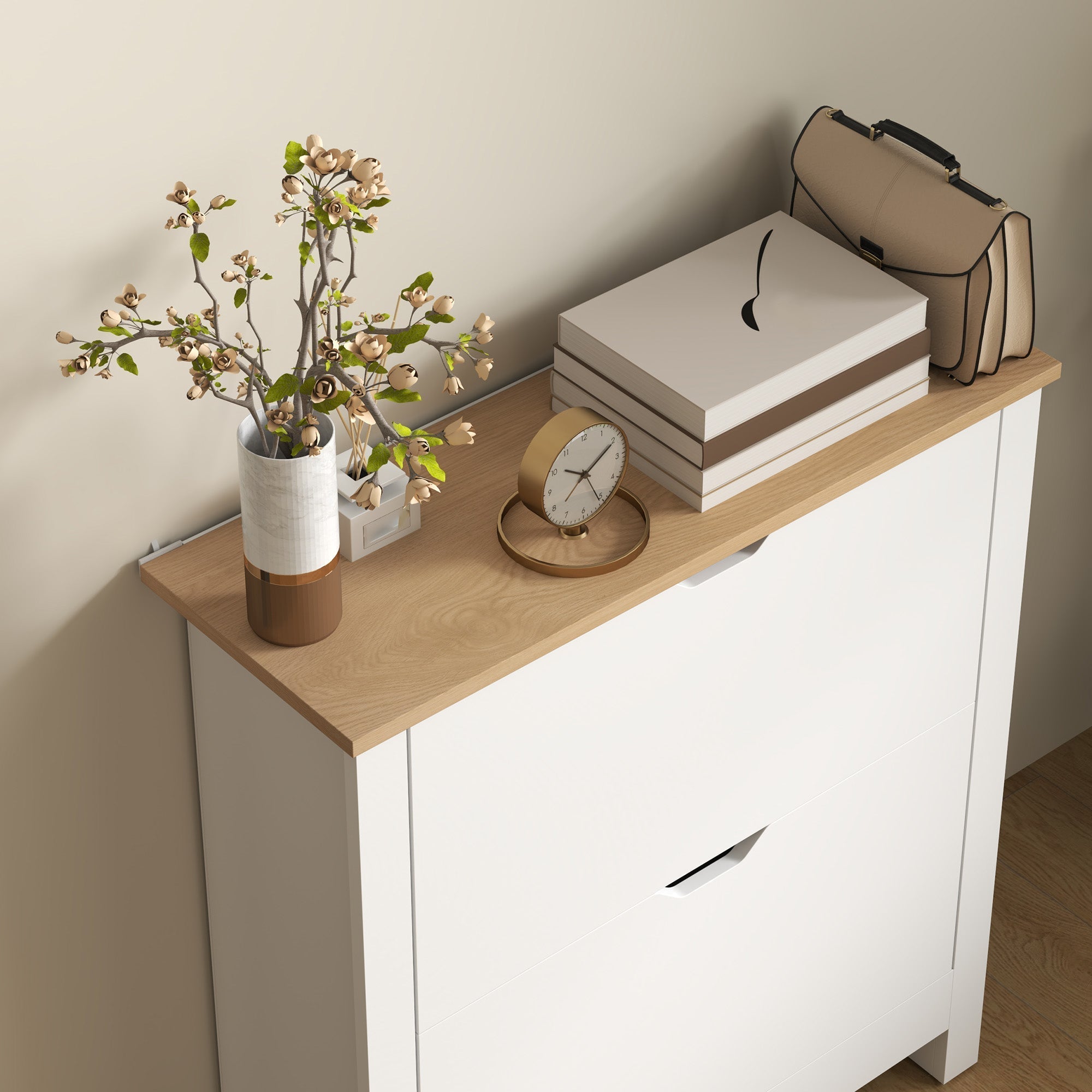 White minimalist homcom slim shoe cabinet with light wood top particle board and anti-tipping straps included