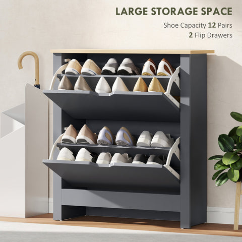 Charcoal grey homcom slim shoe cabinet with particle board, flip-out drawers, adjustable shelves, and light wood top