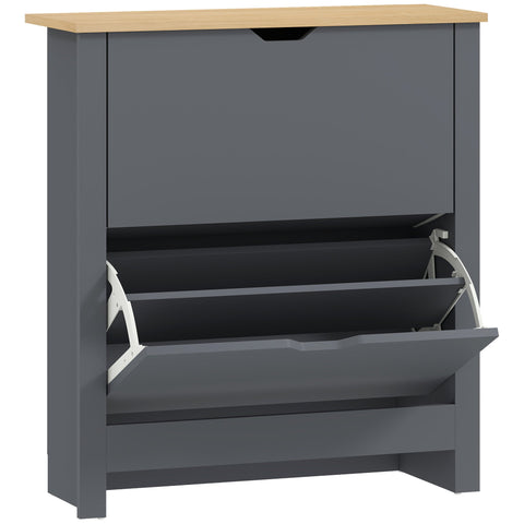 Charcoal grey slim shoe cabinet with light wood top and white metal hinges made of particle board for shoe storage