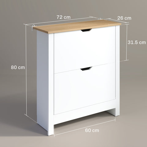 White particle board shoe cabinet with 2 drawers, light wood top, black handles, and anti-tipping straps included