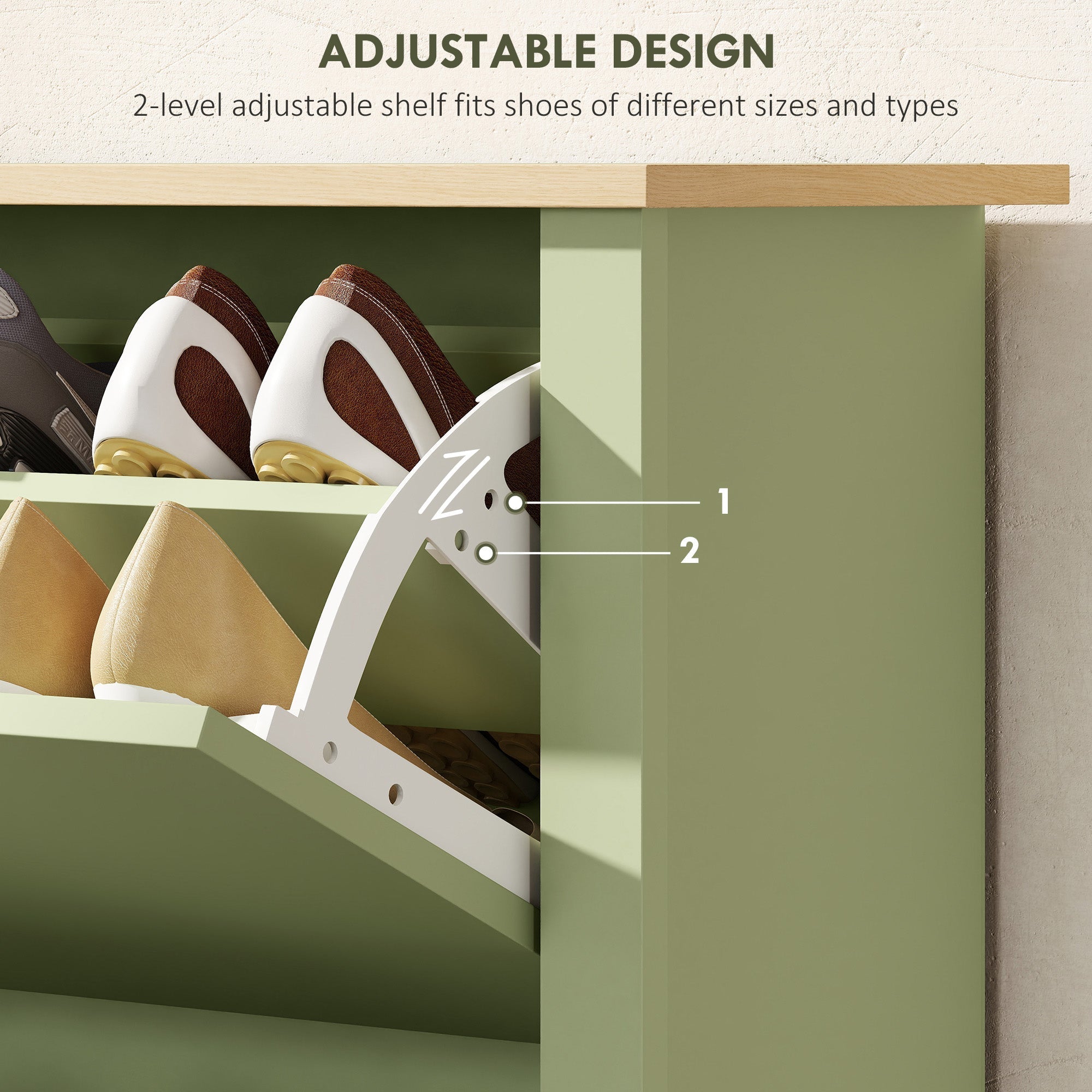 Adjustable white metal shoe rack shelf with olive green particle board cabinet frame shoe cabinet 72l x 26dcm
