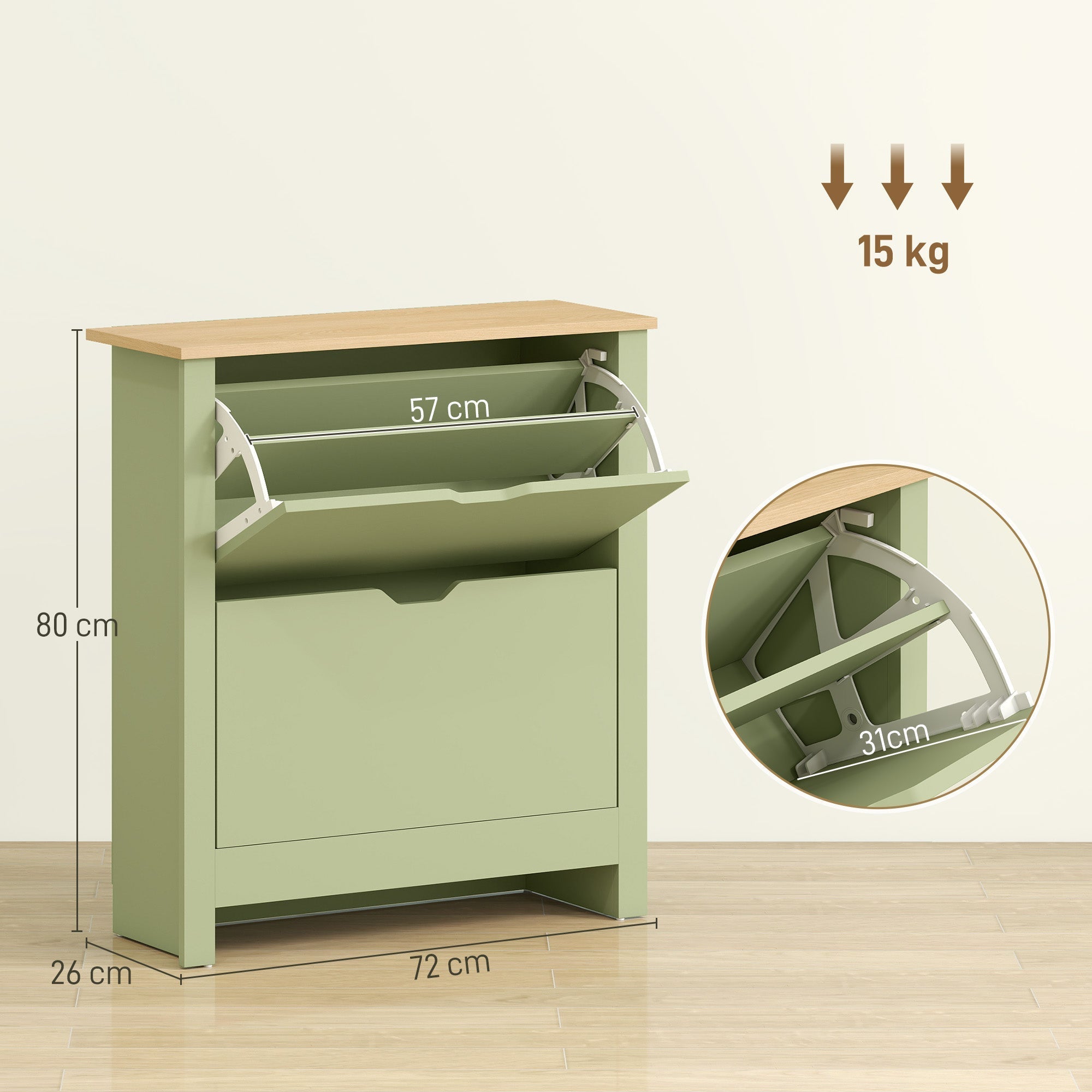 Homcom slim shoe cabinet in sage green with particle board, hinged flip shelf, and adjustable shelves 72l x 26dcm