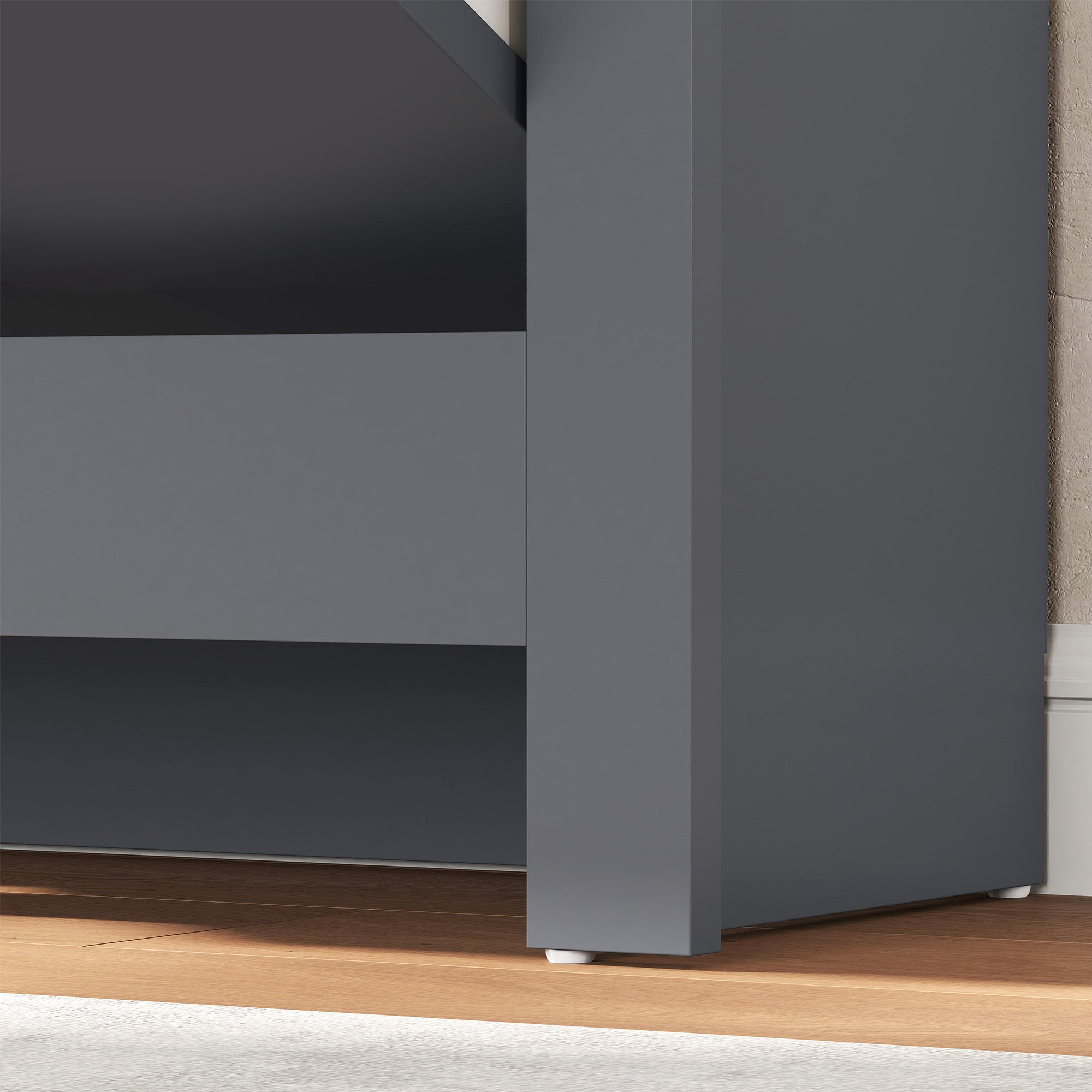 Modern gray charcoal grey shoe cabinet with sleek matte particle board finish and 2 flip drawers 72l x 26dcm