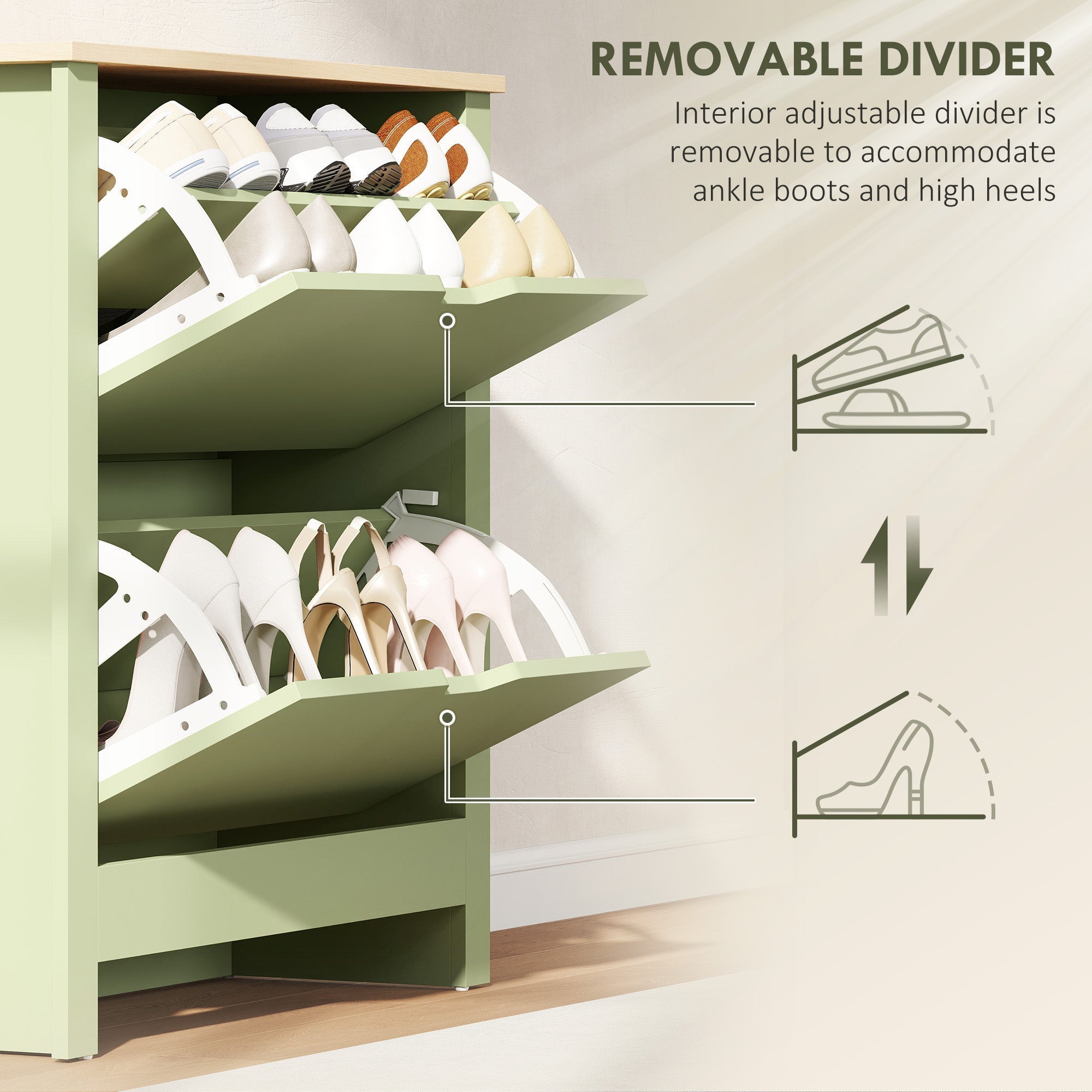 Light green particle board shoe cabinet with adjustable removable divider fits ankle boots and heels 72l x 26dcm