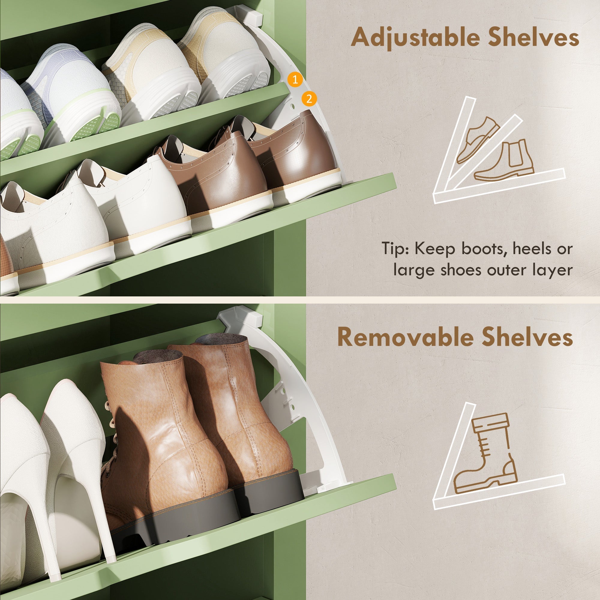 Green and white adjustable shoe cabinet with high gloss green particle board and removable shelves for 18 pairs of shoes
