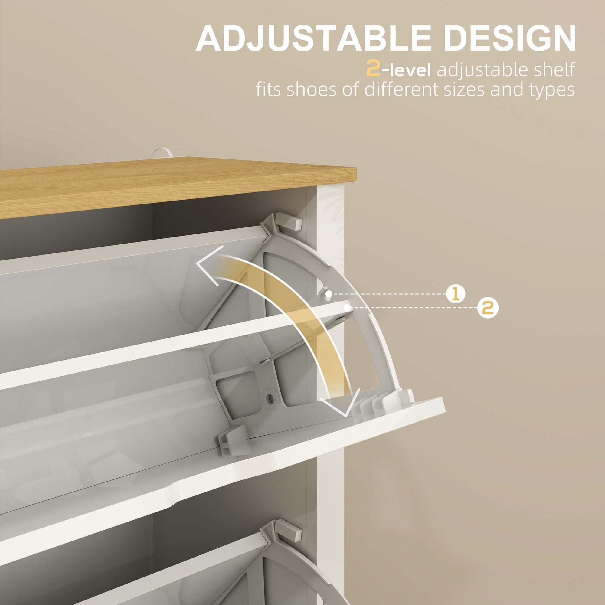 White metal shoe cabinet with particle board top and adjustable shelves with anti-tipping straps included