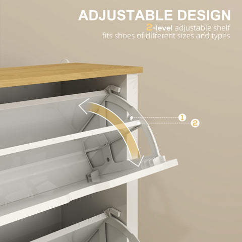 White metal shoe cabinet with particle board top and adjustable shelves with anti-tipping straps included