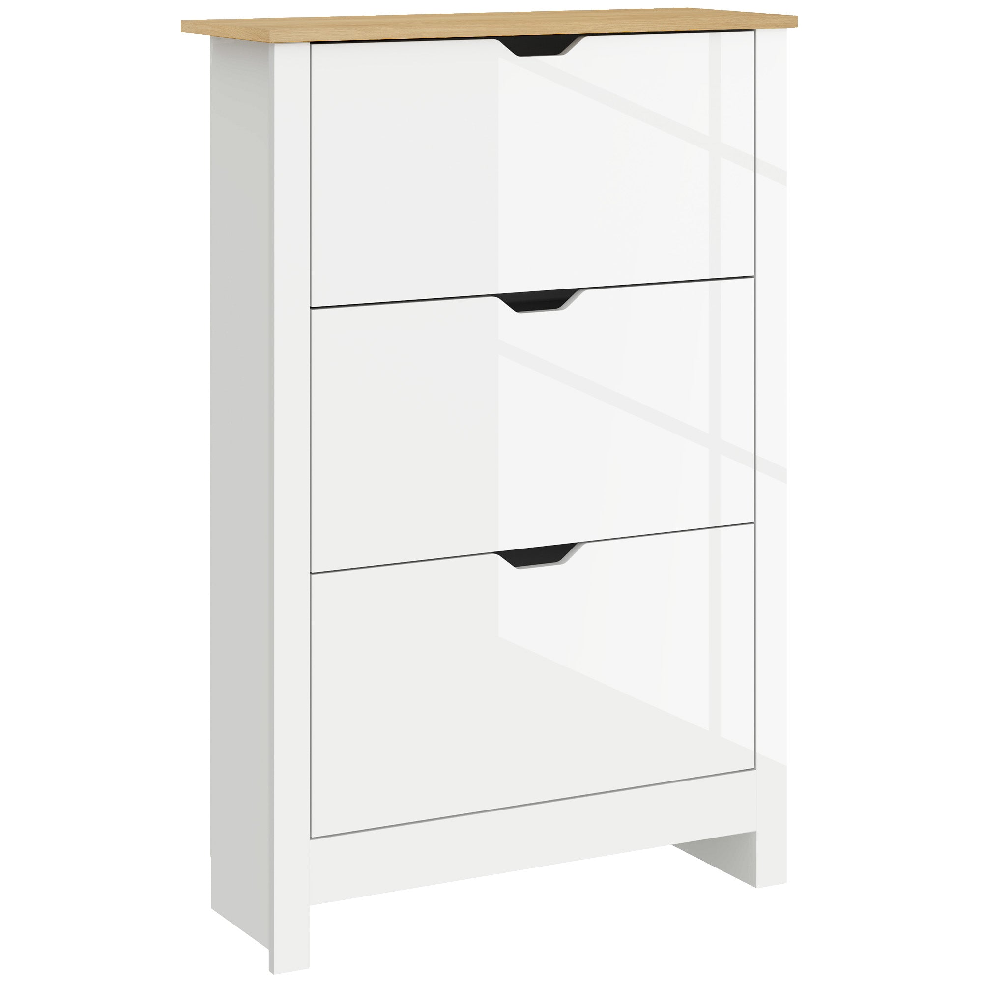 White gloss shoe cabinet with three flip drawers light wood top black handles made of particle board anti-tipping straps included