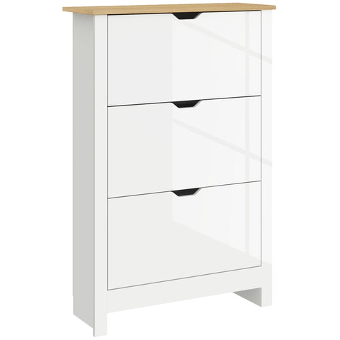 White gloss shoe cabinet with three flip drawers light wood top black handles made of particle board anti-tipping straps included