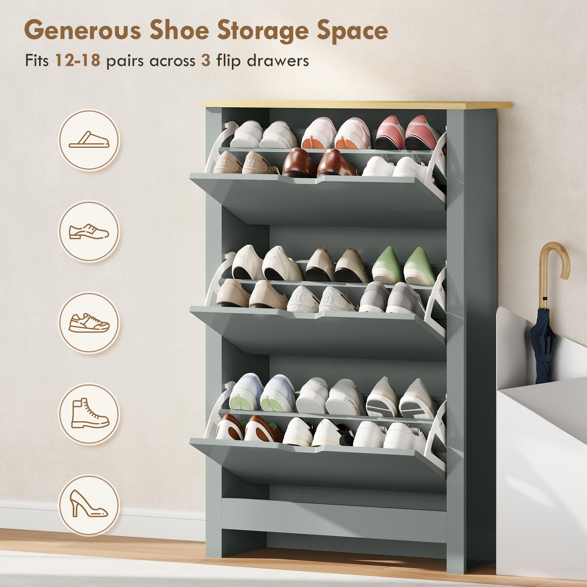 Homcom slim shoe cabinet in light grey particle board with three flip drawers and adjustable shelves 72w x 26dcm