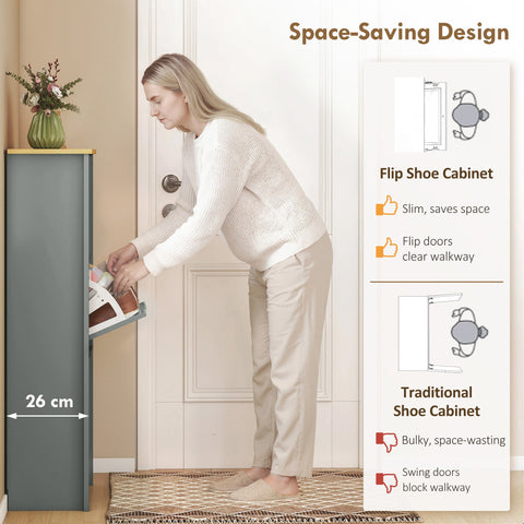 Gray flip-door shoe cabinet made of particle board with slim profile 26 cm width light grey for 18 pairs of shoes