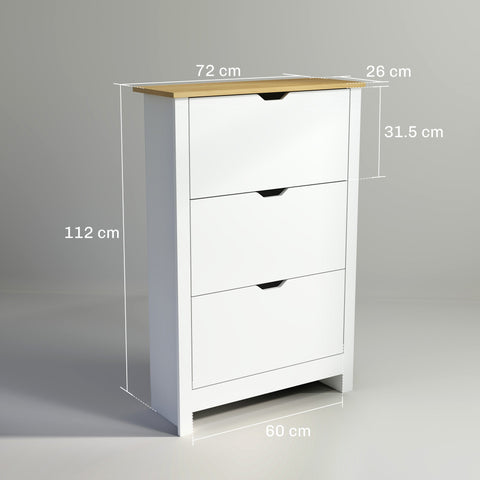 White slim shoe cabinet with light wood top made of particle board includes 3 flip drawers and anti-tipping straps