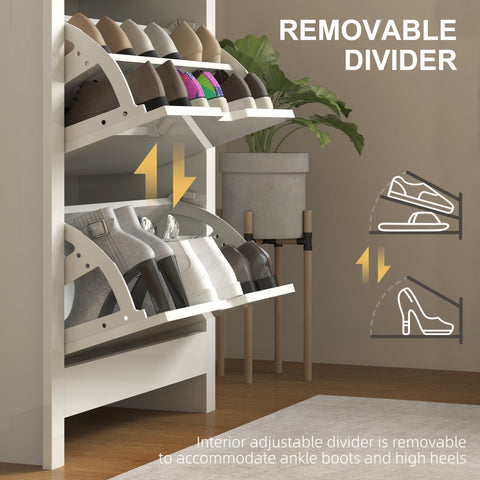 White multi-tiered shoe cabinet with adjustable dividers made of particle board and anti-tipping straps included