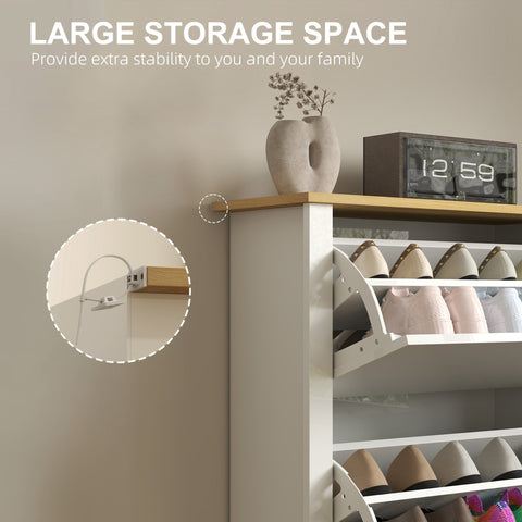 White wooden shoe cabinet made of particle board with multiple tiers, curved slots, and anti-tipping straps included