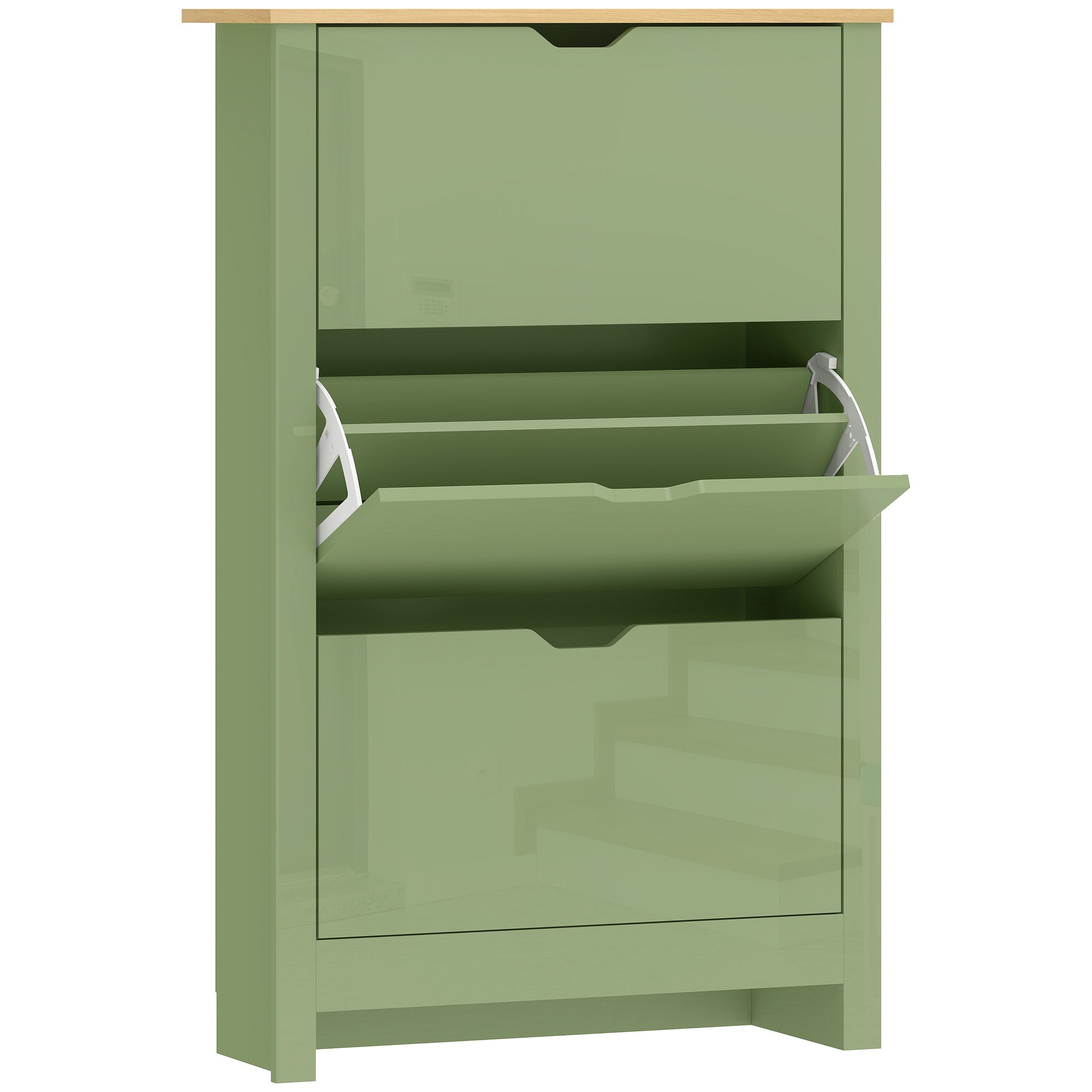 Homcom slim shoe cabinet in high gloss green particle board with light wood top and white hinges on open middle compartment