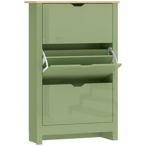 Homcom slim shoe cabinet in high gloss green particle board with light wood top and white hinges on open middle compartment