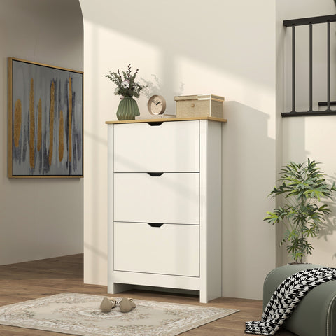 White wooden shoe cabinet with three flip drawers light wood top particle board and anti-tipping straps included