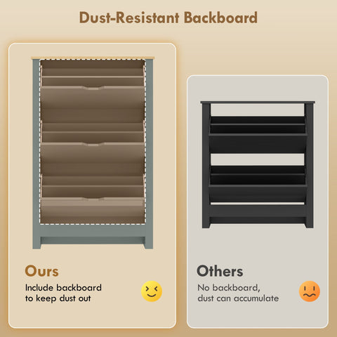 Back of homcom slim shoe cabinet showing dust-resistant light grey particle board backboard with brown shelves