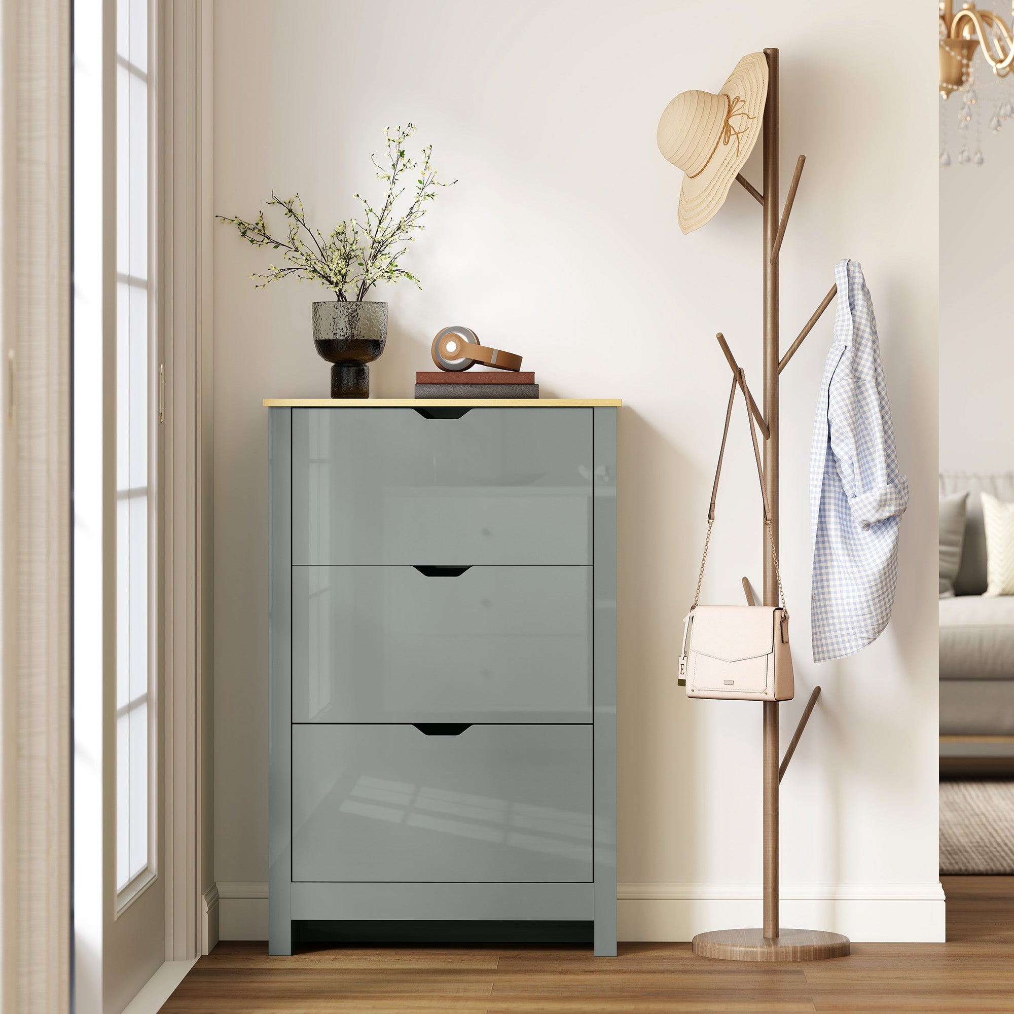 Gray glossy three-drawer shoe cabinet with light wood top made of particle board 72w x 26dcm for 18 pairs of shoes