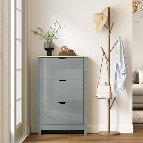 Gray glossy three-drawer shoe cabinet with light wood top made of particle board 72w x 26dcm for 18 pairs of shoes