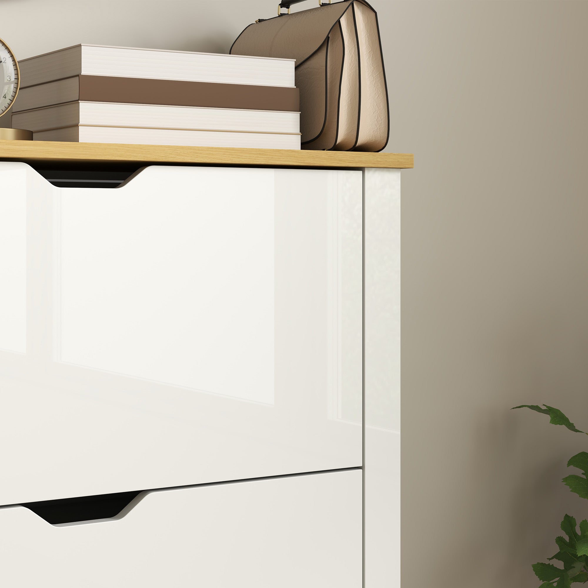 White glossy particle board shoe cabinet with black handles light wood top and anti tipping straps included