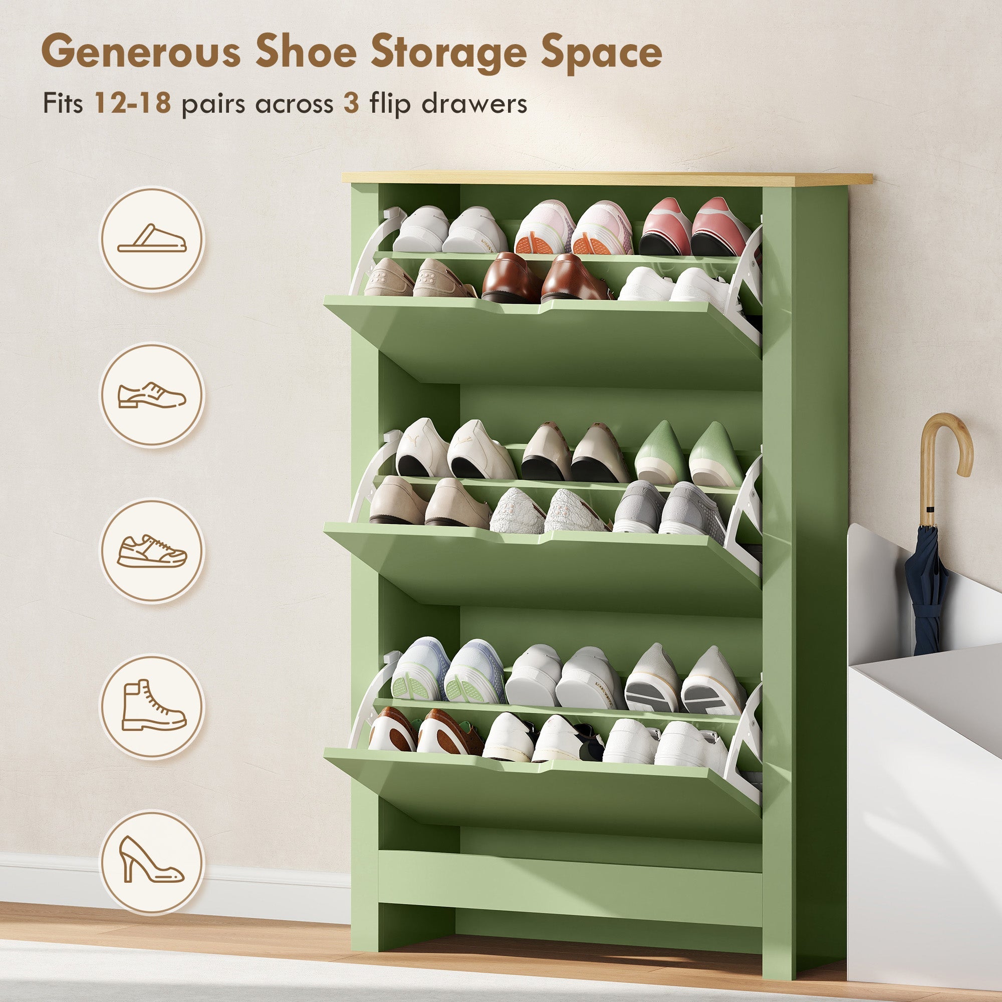 Green wooden shoe cabinet made of particle board with three flip drawers in high gloss green finish