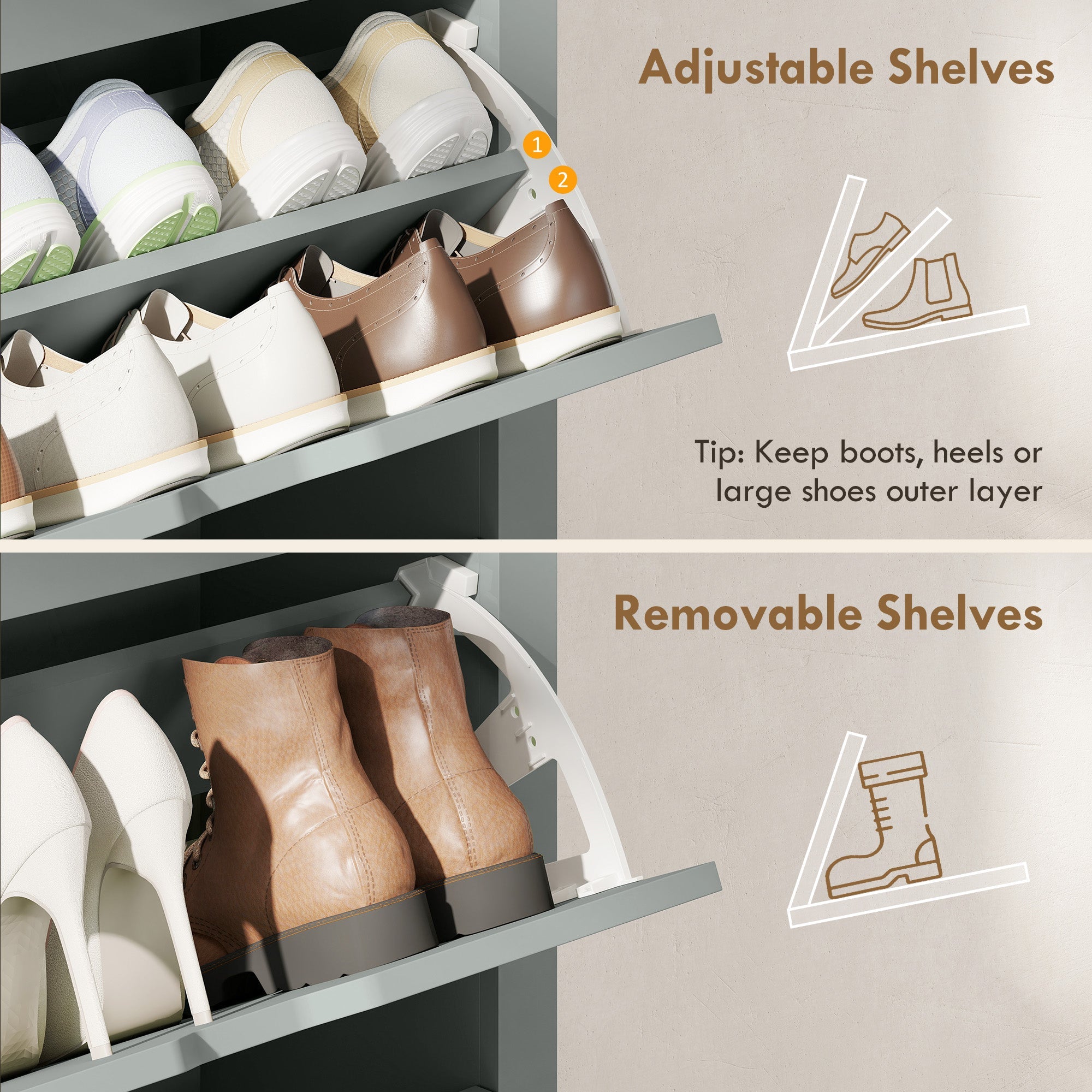 Gray adjustable and removable shoe shelf with white supports in homcom slim light grey particle board shoe cabinet