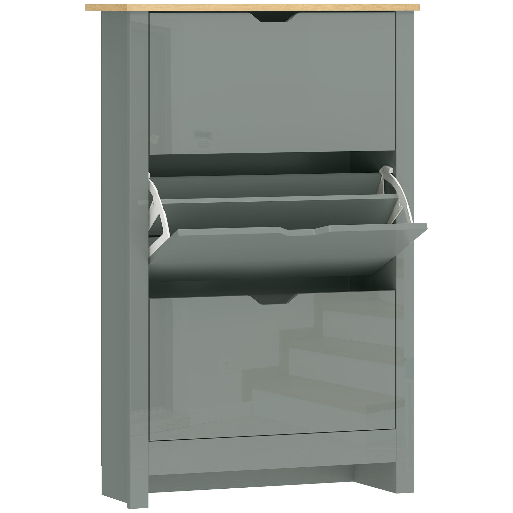 Gray glossy particle board shoe cabinet with light wood top and white pull-out trays 72w x 26dcm for 18 pairs