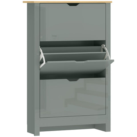 Gray glossy particle board shoe cabinet with light wood top and white pull-out trays 72w x 26dcm for 18 pairs