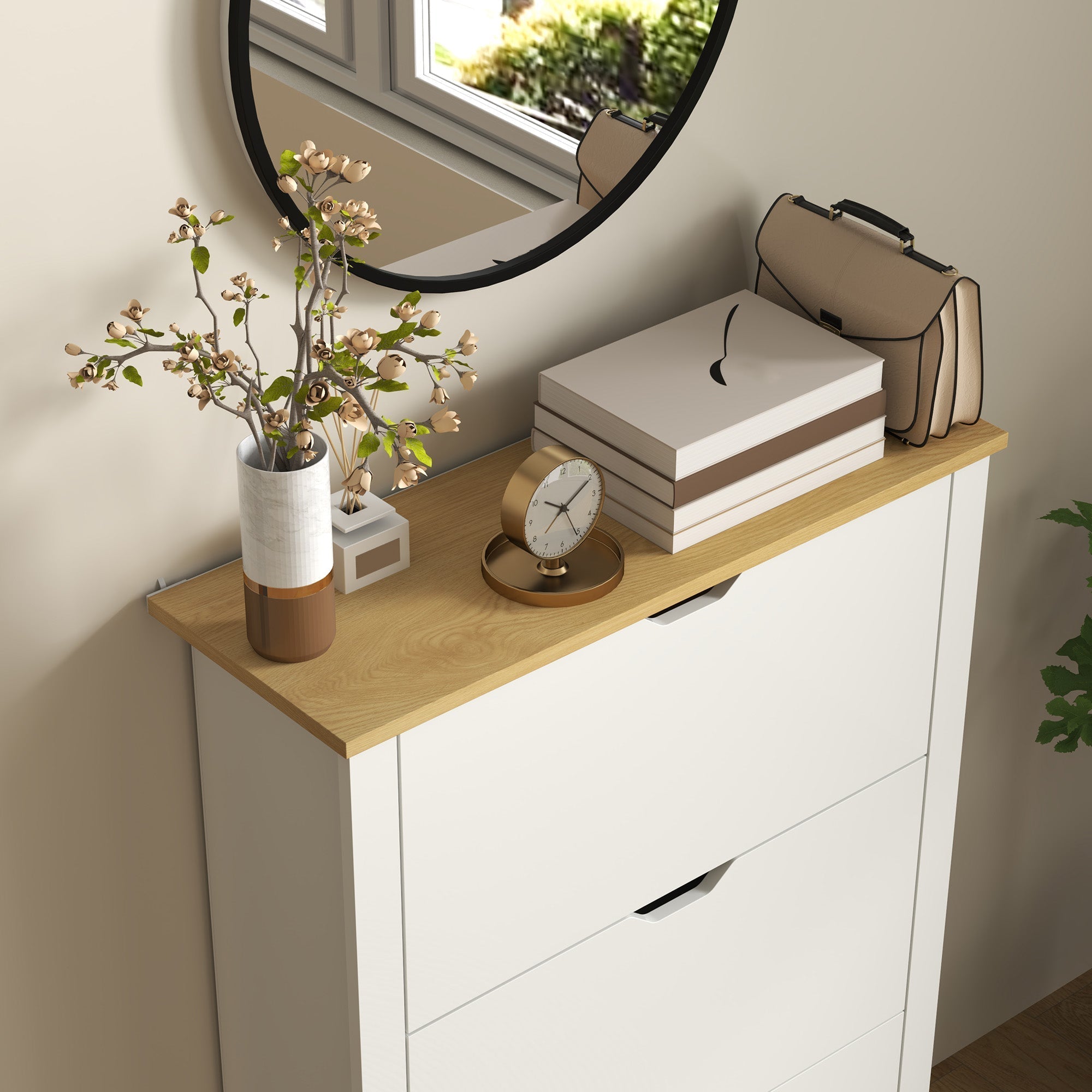 White shoe cabinet with light wood top particle board construction slim design and anti-tipping straps included