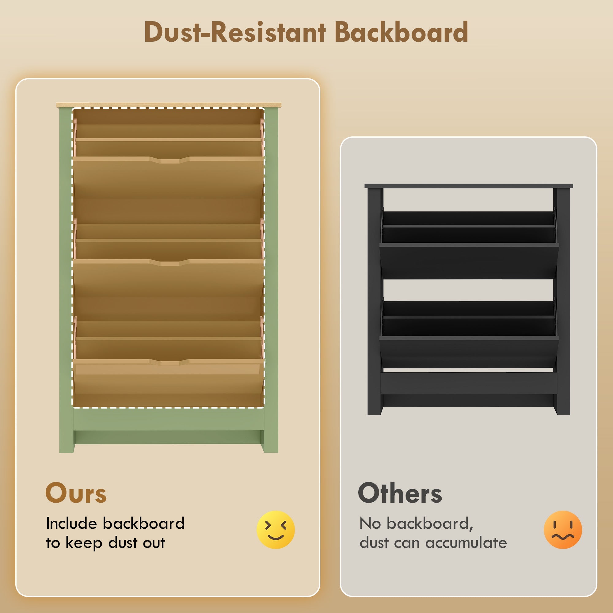 Back of homcom slim shoe cabinet showing dust-resistant particle board backboard with high gloss green frame