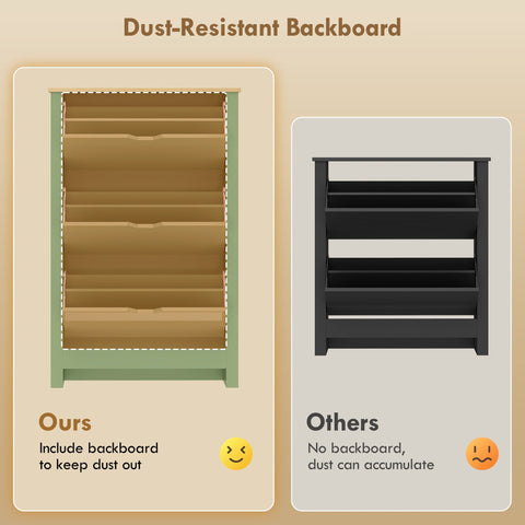 Back of homcom slim shoe cabinet showing dust-resistant particle board backboard with high gloss green frame
