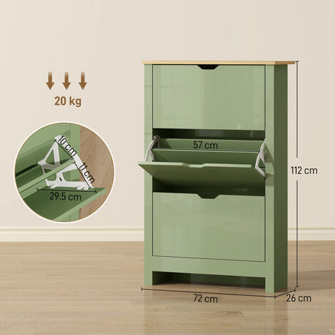A sleek high gloss green shoe cabinet made of particle board with wooden top and pull-out drawers for storage