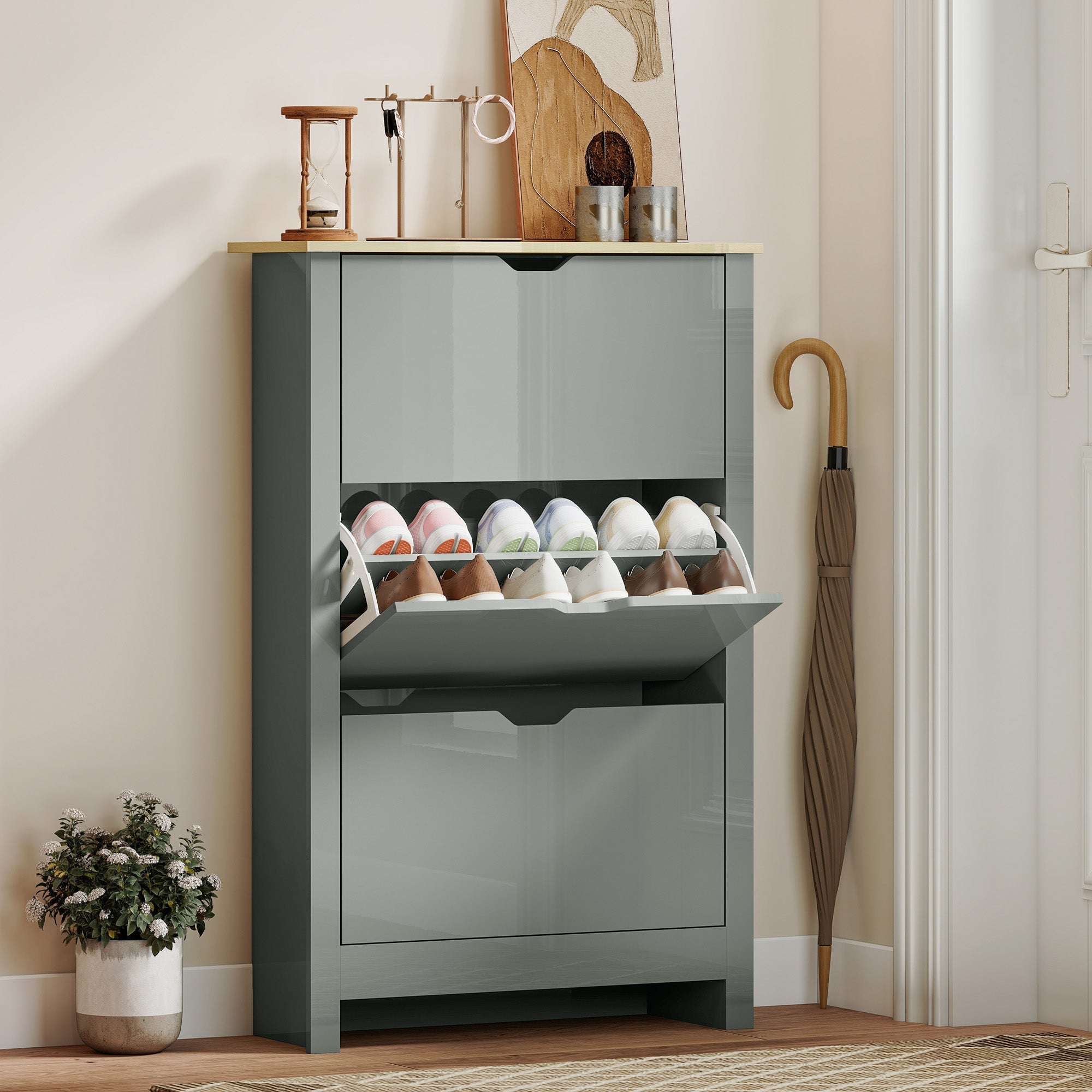 Modern gray gloss particle board shoe cabinet 72w x 26dcm with 3 flip drawers and open shelf for white and brown shoes
