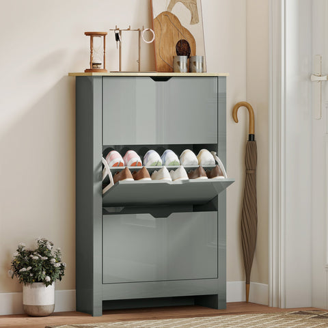 Modern gray gloss particle board shoe cabinet 72w x 26dcm with 3 flip drawers and open shelf for white and brown shoes