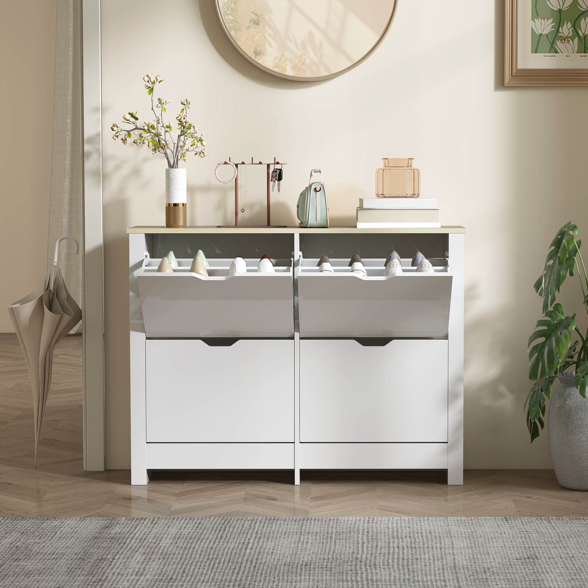 White minimalist particle board shoe cabinet 105l x 26dcm with two pull-out drawers and open compartments