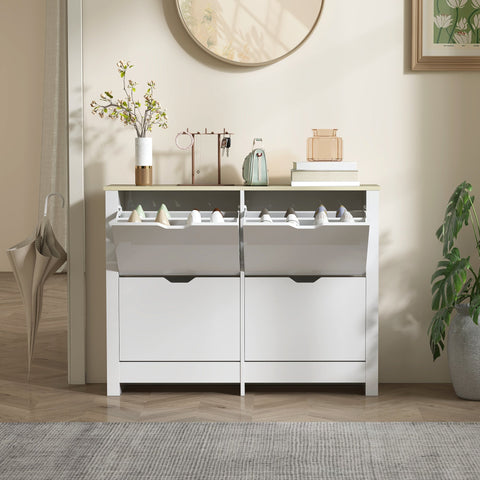 White minimalist particle board shoe cabinet 105l x 26dcm with two pull-out drawers and open compartments