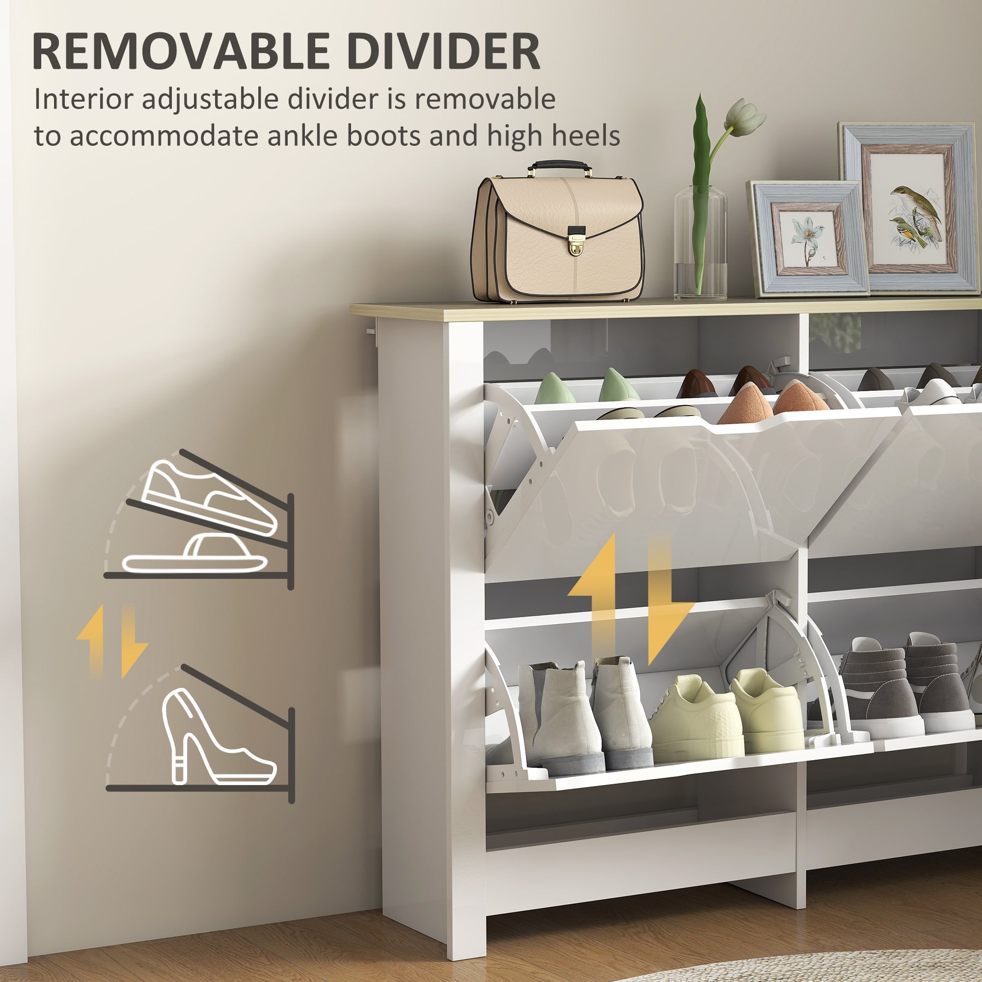 White HOMCOM slim shoe cabinet with adjustable removable divider made of particle board sized 105l x 26dcm for boots and heels