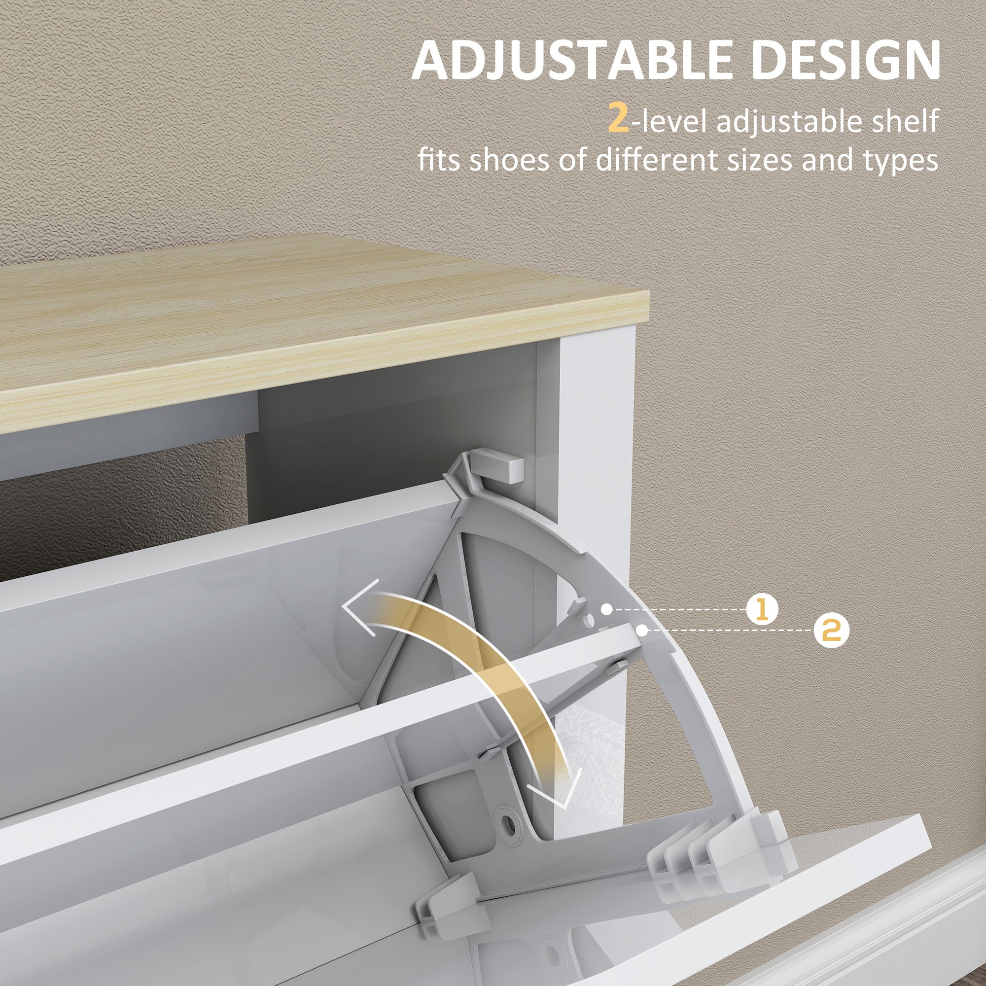 White plastic shoe cabinet with particle board top and 4 flip drawers for 16 pairs 105l x 26dcm