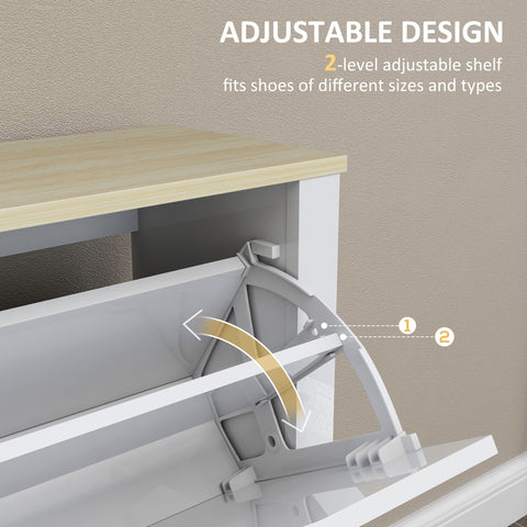 White plastic shoe cabinet with particle board top and 4 flip drawers for 16 pairs 105l x 26dcm