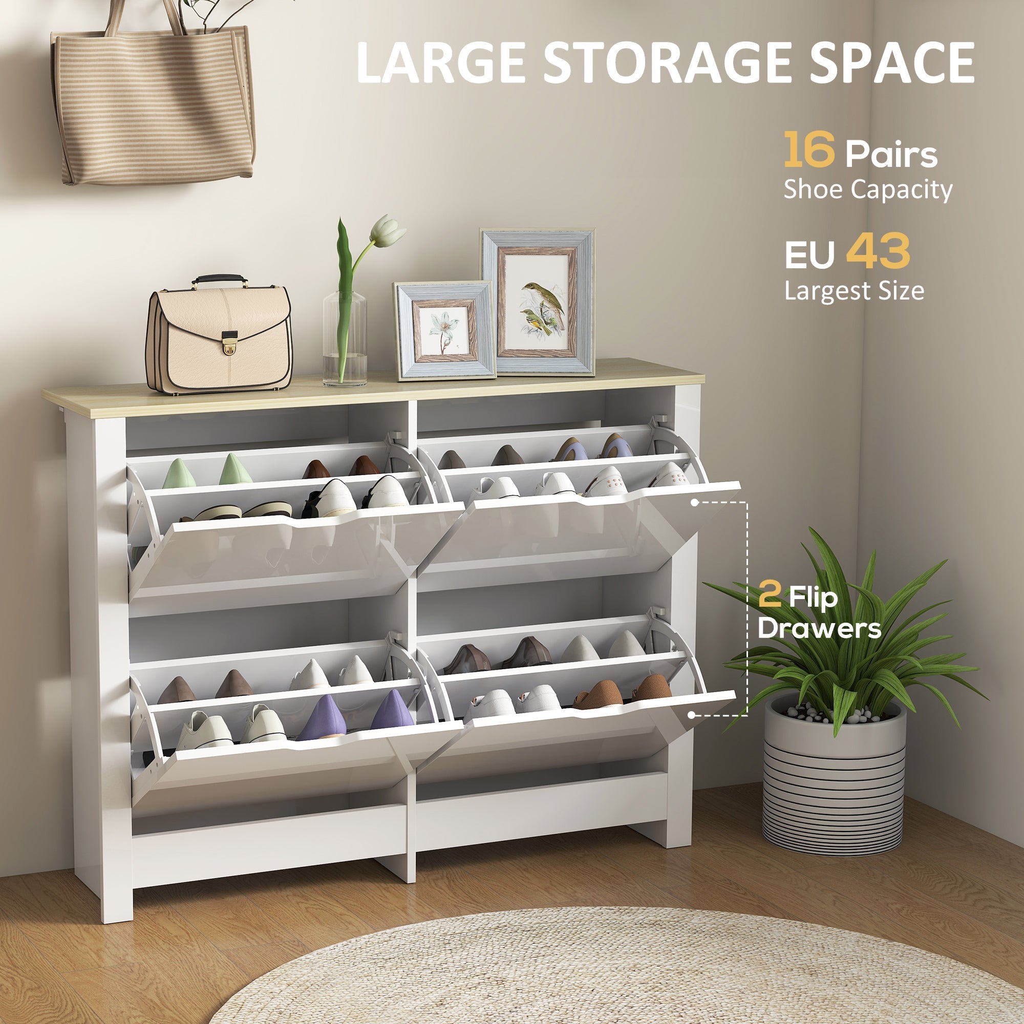 White wooden shoe cabinet made of particle board with 4 flip drawers and 105l x 26dcm size for 16 pairs of shoes