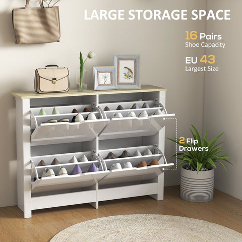 White wooden shoe cabinet made of particle board with 4 flip drawers and 105l x 26dcm size for 16 pairs of shoes