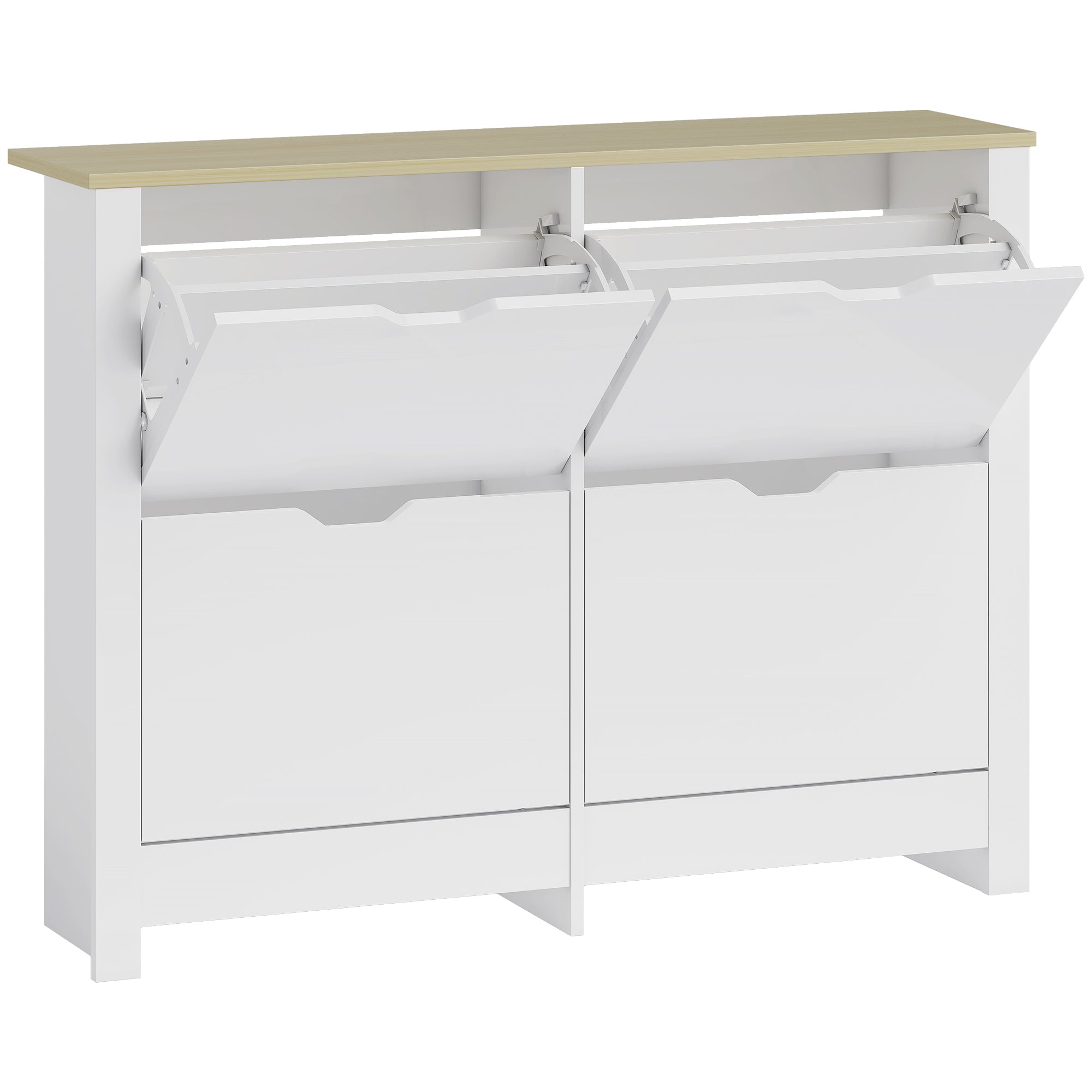 White homcom slim shoe cabinet with particle board, light wood top, two open hinged compartments, 105l x 26dcm storage unit