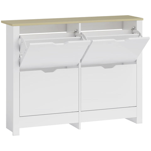White homcom slim shoe cabinet with particle board, light wood top, two open hinged compartments, 105l x 26dcm storage unit